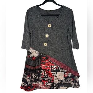 Lior Paris Lagenlook Button Detail Geometric Pattern Tunic Top Scoop Neck Collar